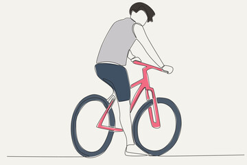 Color illustration of a young man sitting on a bicycle. World bicycle day one-line drawing