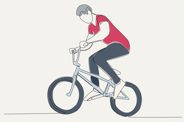 Obraz premium Color illustration of a man riding a bicycle. World bicycle day one-line drawing