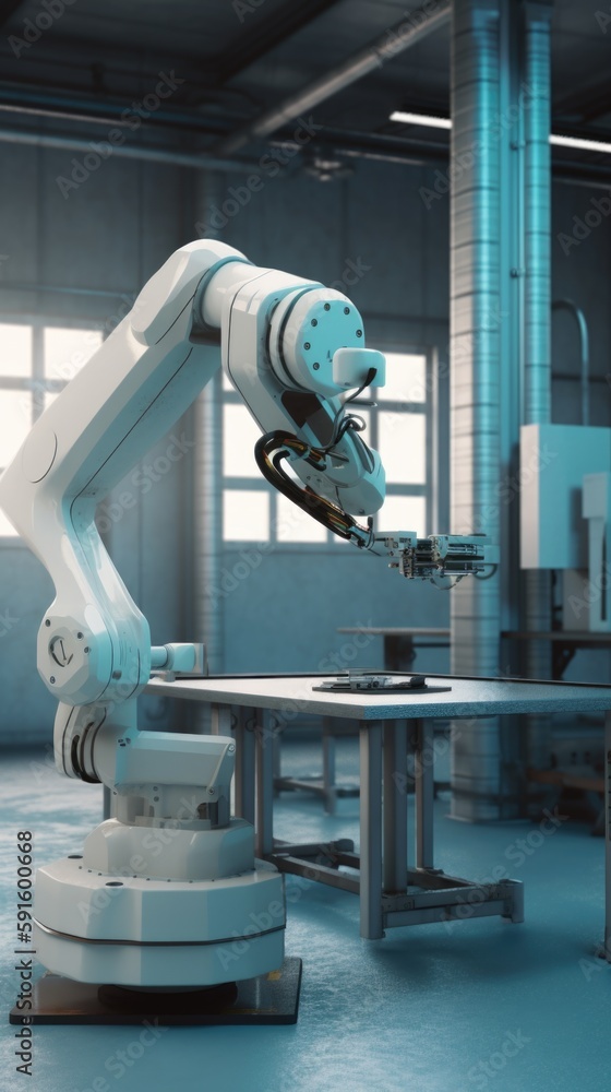 Poster robot arm manipulator in a factory. ai generative.