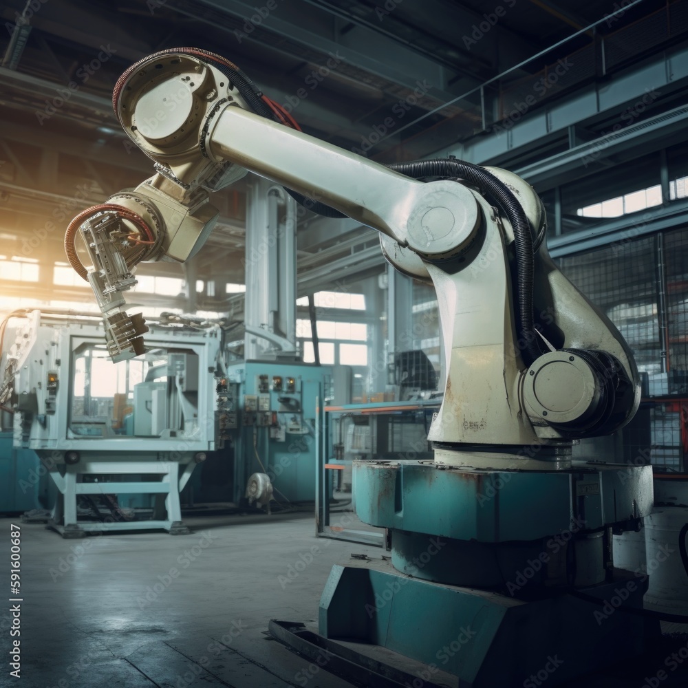 Poster robot arm manipulator in a factory. ai generative.