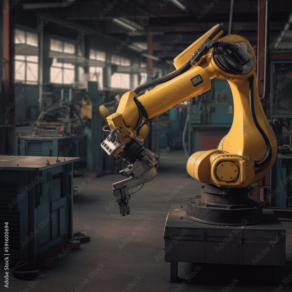 Poster robot arm manipulator in a factory. ai generative.