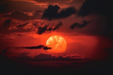 red sun with clouds behind on the dark sky, a red sun with clouds in the background