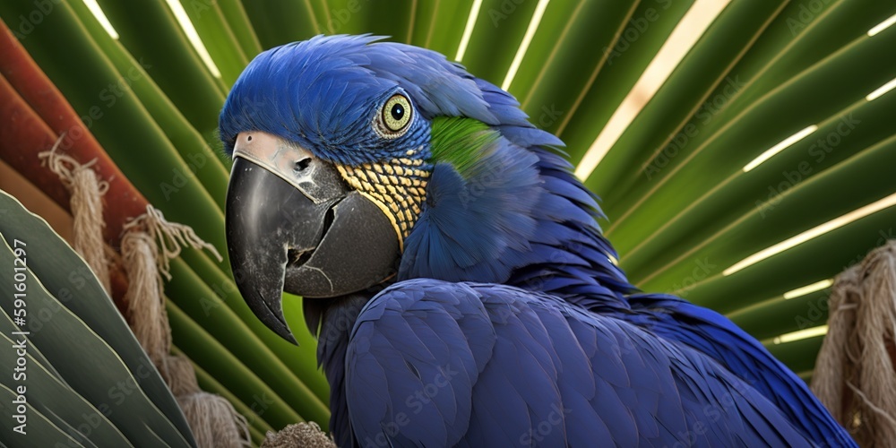Poster close-up of a hyacinth macaw perched in its natural environment on a palm tree generative ai