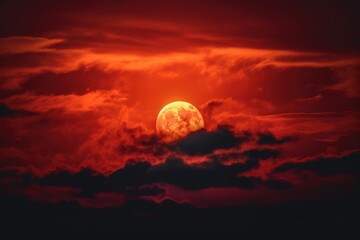 red sun with clouds behind on the dark sky, a red sun with clouds in the background