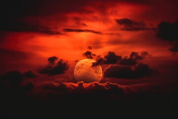 red sun with clouds behind on the dark sky, a red sun with clouds in the background