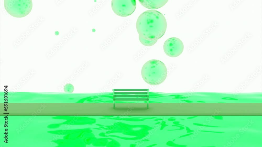 Poster 3d animation with bench. design. 3d animation of space with bench and bubbles. bench wit colored riv
