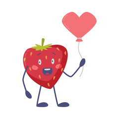 Funny Red Strawberry Character Holding Heart Shaped Balloon Vector Illustration