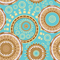 Fototapeta premium Seamless pattern with abstract ornamented circles. Brown mandalas on a light blue background. Vector illustration