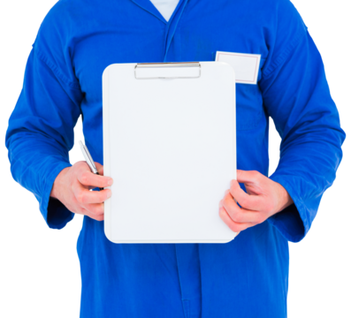 Male mechanic holding clipboard