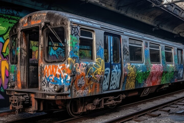 old tram in the city with graffiti created with Generative AI technology