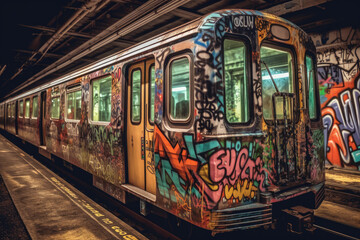 Obraz premium old tram in the city with graffiti created with Generative AI technology