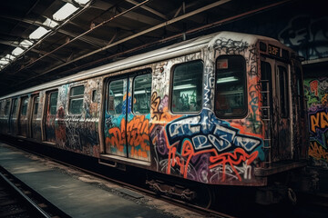 Obraz premium old tram in the city with graffiti created with Generative AI technology