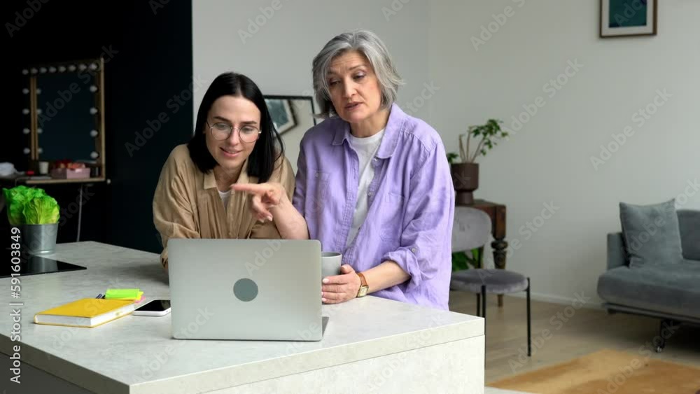 Poster caucasian grandchild and grandmother enjoying online web communication via media application on mode