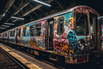 Fototapeta premium old tram in the city with graffiti created with Generative AI technology