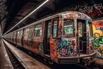 Obraz premium old tram in the city with graffiti created with Generative AI technology