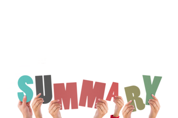 Colorful alphabet spelling summary held up by people 