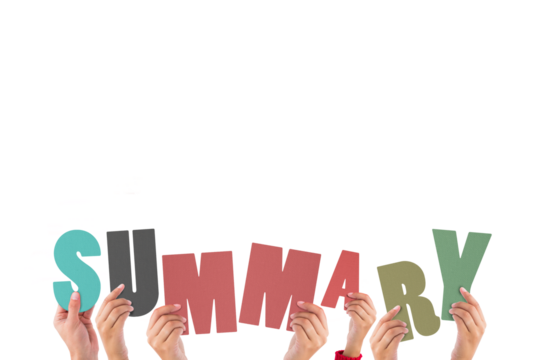 Colorful alphabet spelling summary held up by people - Powered by Adobe