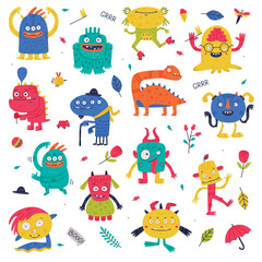 Funny Monster with Horns and Toothy Mouth Vector Set