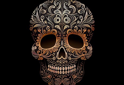 Calavera Sugar Skull On Black Background. Day Of The Dead. Illustration. Generative AI