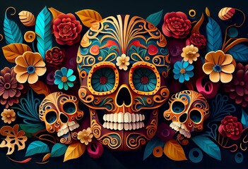 Dia De Los Muertos Background Day Of The Dead Art Decoration, Bones Skull Flower Ornament Holiday Wallpaper,. Generative AI