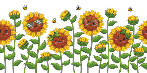 Seamless Pattern Of Cute Sunflowers And Bee On White Background In Flat Vector. Cute Cartoon Illustration For Banner, Background, And Greeting Card