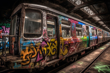 Obraz premium old tram in the city with graffiti created with Generative AI technology