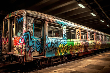 Fototapeta premium old tram in the city with graffiti created with Generative AI technology