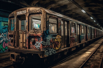 Obraz premium old tram in the city with graffiti created with Generative AI technology