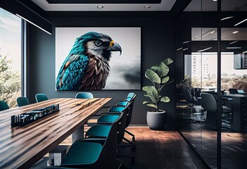Bright conference room with seating and table, natural light and placeholder artwork display. Generative AI