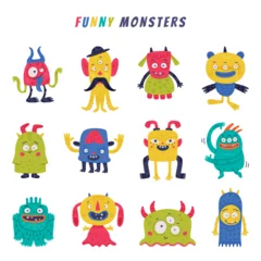 Deurstickers Robot Funny Monster with Horns and Toothy Mouth Vector Set