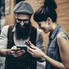 Young hipster couple having genuine fun wandering around downtown Wanderlust lifestyle and travel concept with boy and girl together interacting on social media with their smart phone, Ai Generative