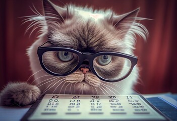 A cute cat in glasses calculating the family budget, promoting the idea of money management and financial planning. Generative AI