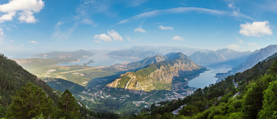 Bay of Kotor summer morning panorama from up and Kotor town, Montenegro - obrazy, fototapety, plakaty