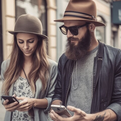 Fashionable young hipster couple sitting with smart phone, on social media, AI Generative