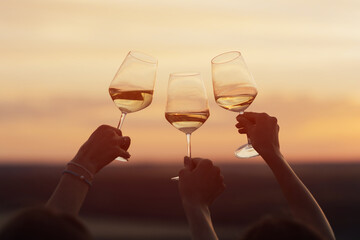 People celebrating toasting wine together at sunset. Happy life moments. Cheers at sunset.