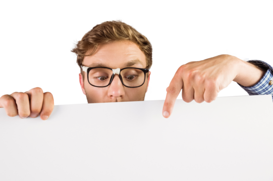 Geeky hipster showing a card