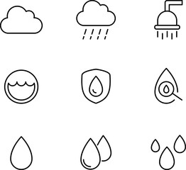 Water drops icon set. Editable vector water line icons. A drop of water. Washing, shower. Vector illustration