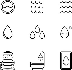 Water drops icon set. Editable vector water line icons. A drop of water. Washing, shower. Vector illustration