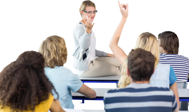 Student raising hand in classroom