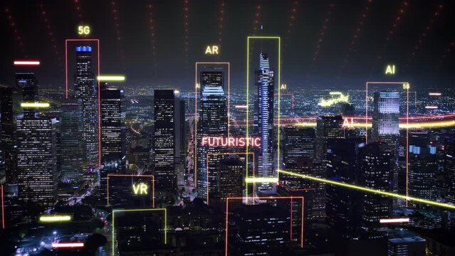 Aerial view of Smart City Skyline with Futuristic Neon Style Technological Concepts, Computer Network and Big Data Connections. Metaverse, Augmented Reality over Los Angeles.