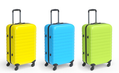 Set of luggage with beach accessories for summer holidays on white background.
