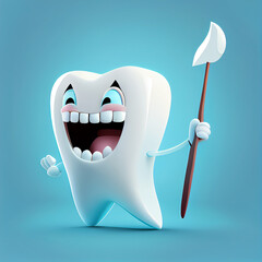 funny cartoon 3D tooth on a blue background