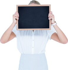 Woman with face covered by chalkboard
