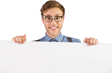 Geeky hipster showing a card