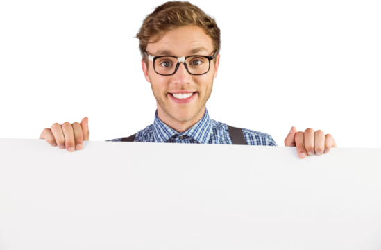 Geeky hipster showing a card