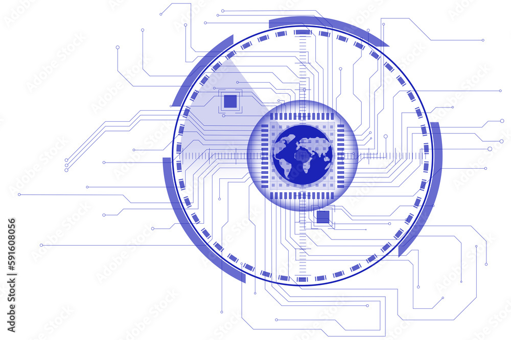 Poster digitally generated image of globe with circuit board