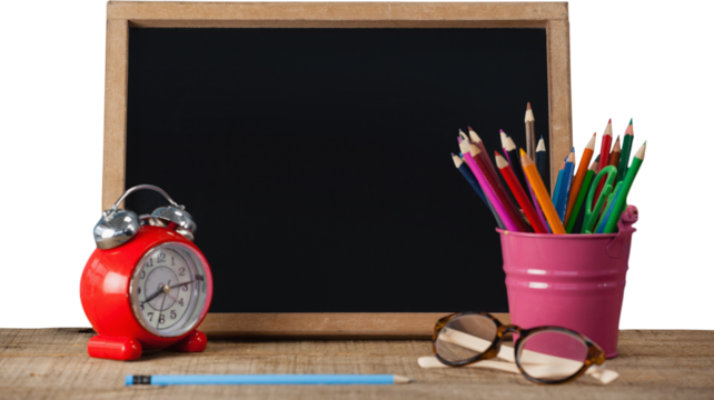 Slate with desk organizer and alarm clock by eyeglasses