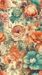 Colorful Vintage Flowers Watercolor Seamless Repeat Pattern. Generative AI.
