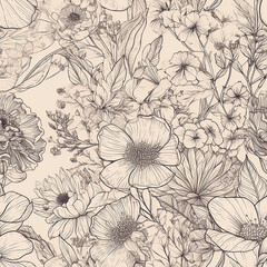 Floral Line Drawing Seamless Repeat Pattern. Generative AI.
