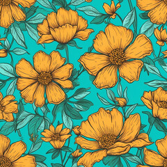 Obraz na płótnie Canvas Orange Flowers on Aqua Background Seamless Repeat Pattern. Generative AI.